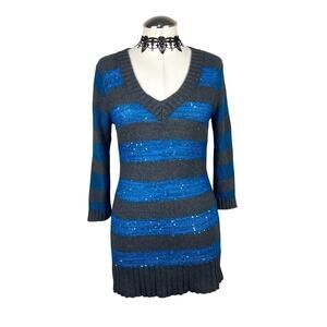 Oh MG! Sequin Blue V Neck Stripe Sweater Dress 3/4 Sleeve Grunge Emo Alt Sz Lg